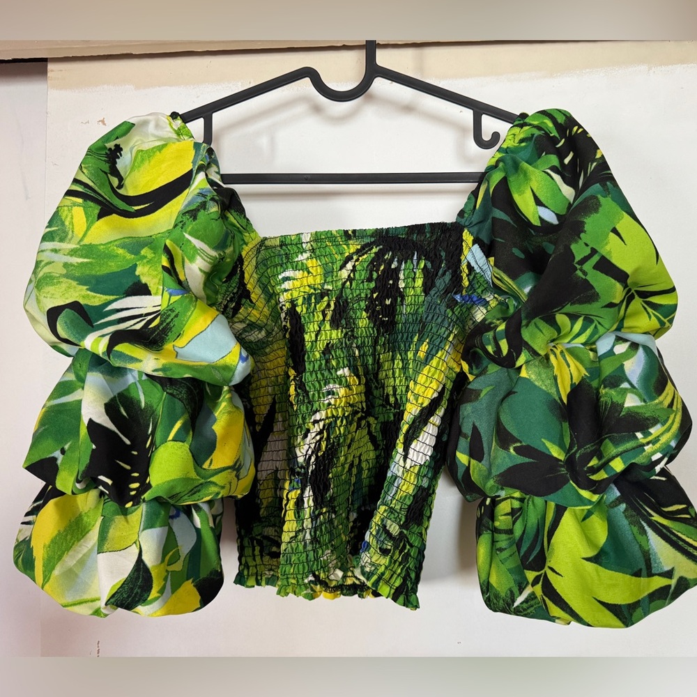 Tropical Print Ruched Crop Top Off Shoulder